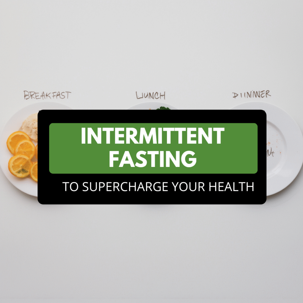Plates labeled breakfast, lunch, and dinner with minimal food, illustrating the concept of intermittent fasting for better health.