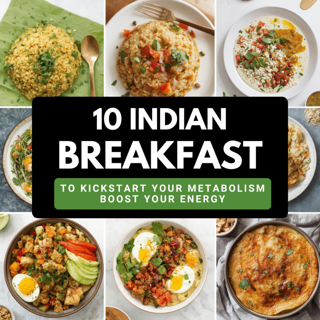 Square-format image featuring a collage of 10 Indian breakfast dishes, each shown in a vertical panel. The dishes include poha, besan chilla, dosa with chutneys, oats porridge, vegetable upma, sprouts salad, methi thepla, idli with chutney, dal cheela, and a colorful fruit bowl. A bold black banner across the center displays the text “10 INDIAN BREAKFASTS” in large white uppercase font, with a subtitle “to Kickstart Your Metabolism and Boost Your Energy” in smaller white font. The image is brightly lit and designed to promote healthy, energizing Indian breakfast options.