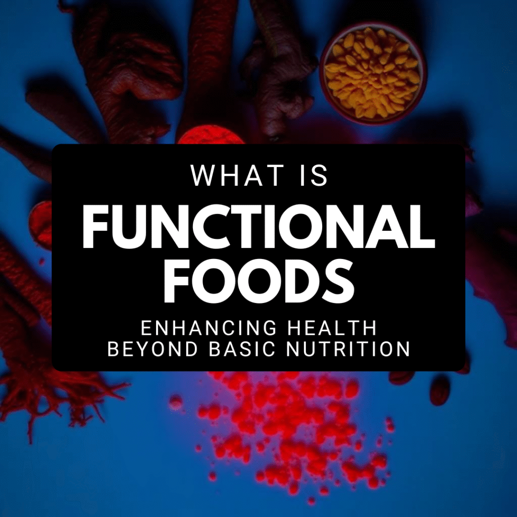 Top-down view of functional foods on a pastel blue background, including turmeric roots, turmeric powder, turmeric capsules, sliced turmeric in bowls, ginger roots, and a bottle of orange turmeric juice, with the text 'What is Functional Foods' on the right side.
