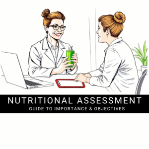A friendly nutritionist in a white coat smiling and holding a green apple while talking to a client across a bright desk. The client listens attentively in a softly lit room with white curtains. On the desk are a laptop, clipboard with notes, a glass of green smoothie, and a bowl of colorful fruits. Overlaid text reads 'Nutritional Assessment: Guide to Importance & Objectives' in white on a semi-transparent black banner.
