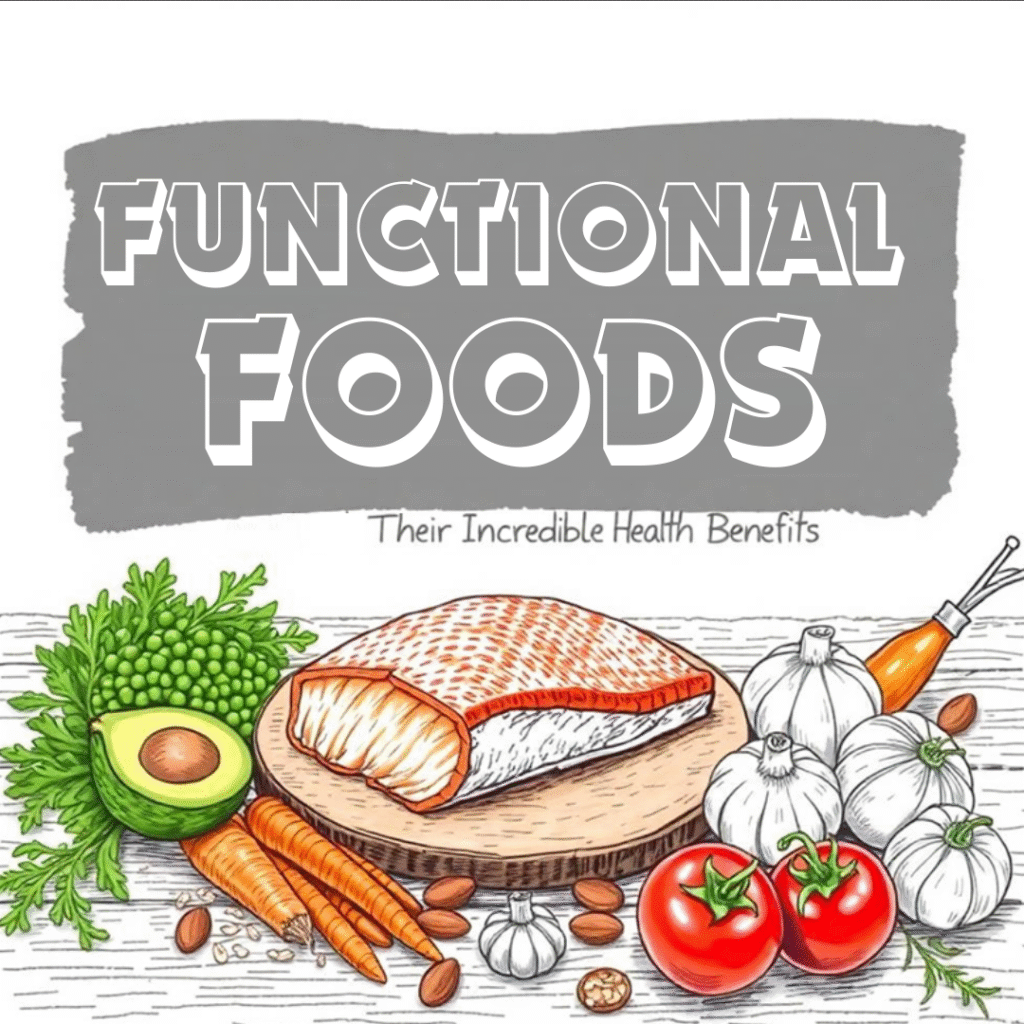 A rustic wooden table topped with fresh, healthy foods including salmon fillet, green split peas, carrots, avocado, almonds, garlic, green onions, oats, and cherry tomatoes. Overlaid text reads "FUNCTIONAL FOODS and Their Incredible Health Benefits" in bold white letters on a semi-transparent black banner.