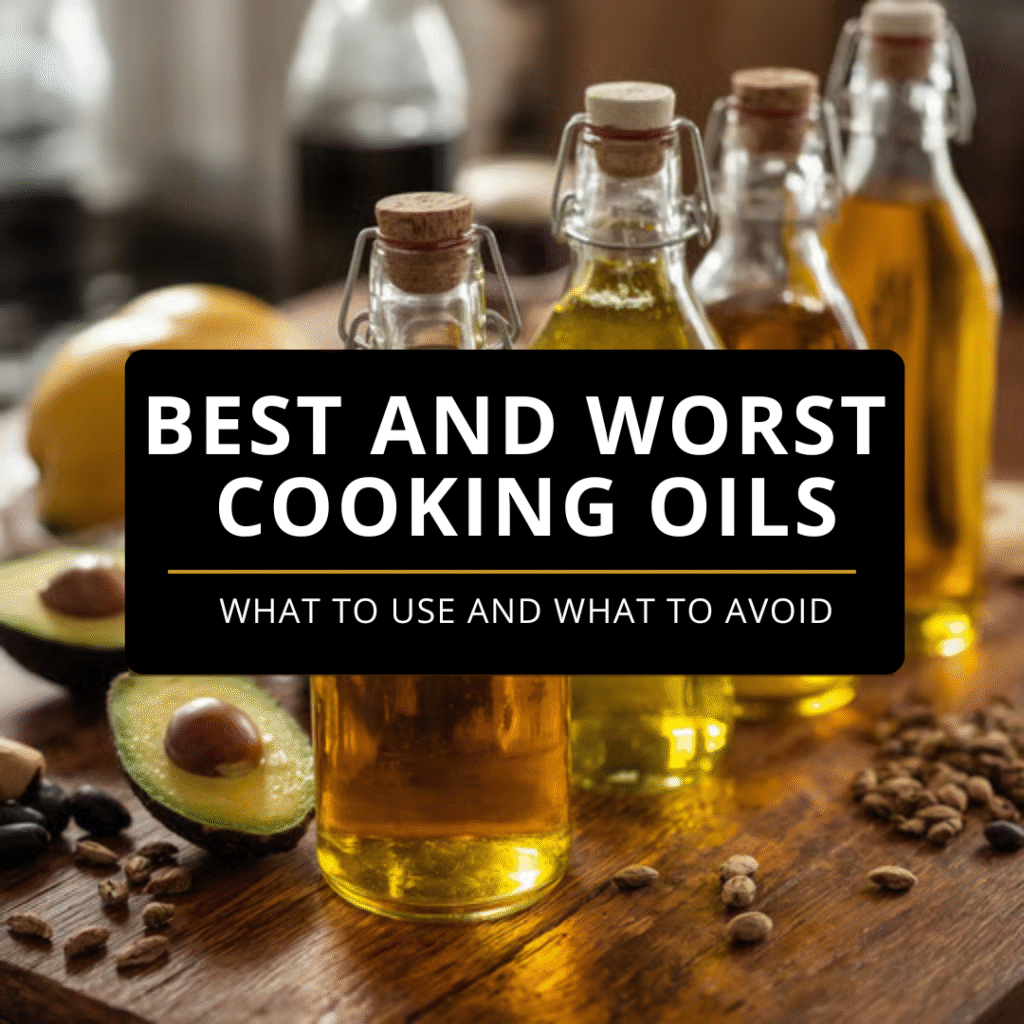A rustic kitchen-style flat-lay image featuring glass bottles of various cooking oils placed on a wooden table. Healthy oils like avocado oil and olive oil are shown with fresh avocado, seeds, and nuts in the foreground, while darker bottles representing less healthy oils appear in the background. A dark banner across the center reads: "BEST AND WORST COOKING OILS – What to Use and What to Avoid."