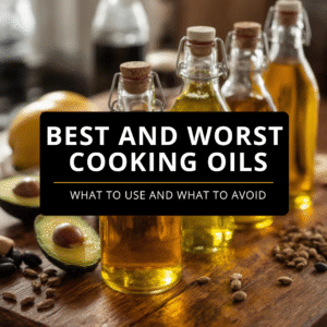 A rustic kitchen-style flat-lay image featuring glass bottles of various cooking oils placed on a wooden table. Healthy oils like avocado oil and olive oil are shown with fresh avocado, seeds, and nuts in the foreground, while darker bottles representing less healthy oils appear in the background. A dark banner across the center reads: "BEST AND WORST COOKING OILS – What to Use and What to Avoid."