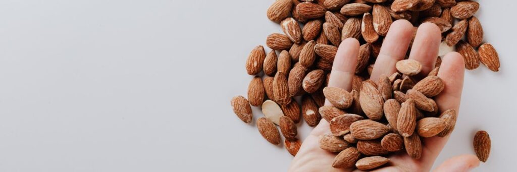 Hand holding almonds which are foods dense in protein