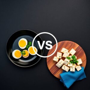A side-by-side comparison image showing peeled boiled eggs on a plate, with one egg cut in half revealing the yellow yolk, on the left side. On the right side, slices of paneer (Indian cottage cheese) placed on a wooden board with a garnish of fresh herbs. A circular “VS” symbol is centered between the two foods, indicating a comparison. The image highlights the question: "Eggs vs. Paneer: Which one is a better source of protein?