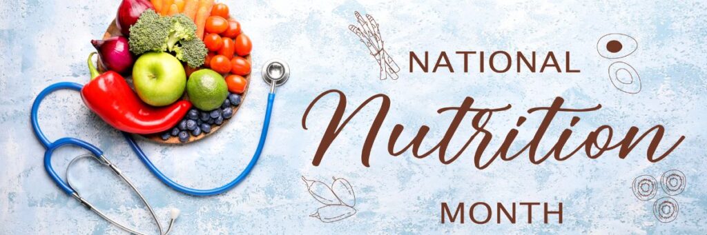 healthy food plate with vegetables fruits and stethoscope promoting national nutrition month