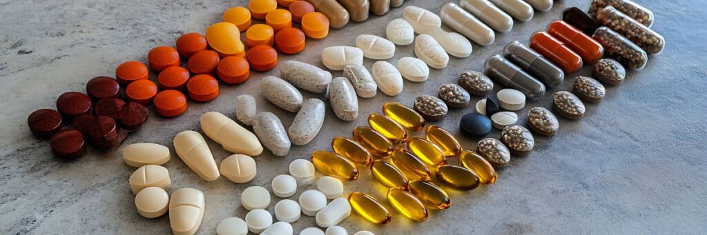 Various nutraceuticals including capsules tablets softgels and supplements arranged on a table