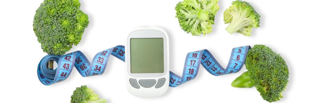 The portion control concept shows broccoli vegetables, measuring tape, and a digital glucose meter, highlighting healthy portion control for weight management and blood sugar balance.