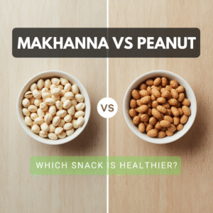 Comparison of Makhana and Peanuts in separate bowls placed side by side, showing a visual contrast between the two popular Indian snacks with a "VS" symbol in the center, highlighting the debate on which is healthier.