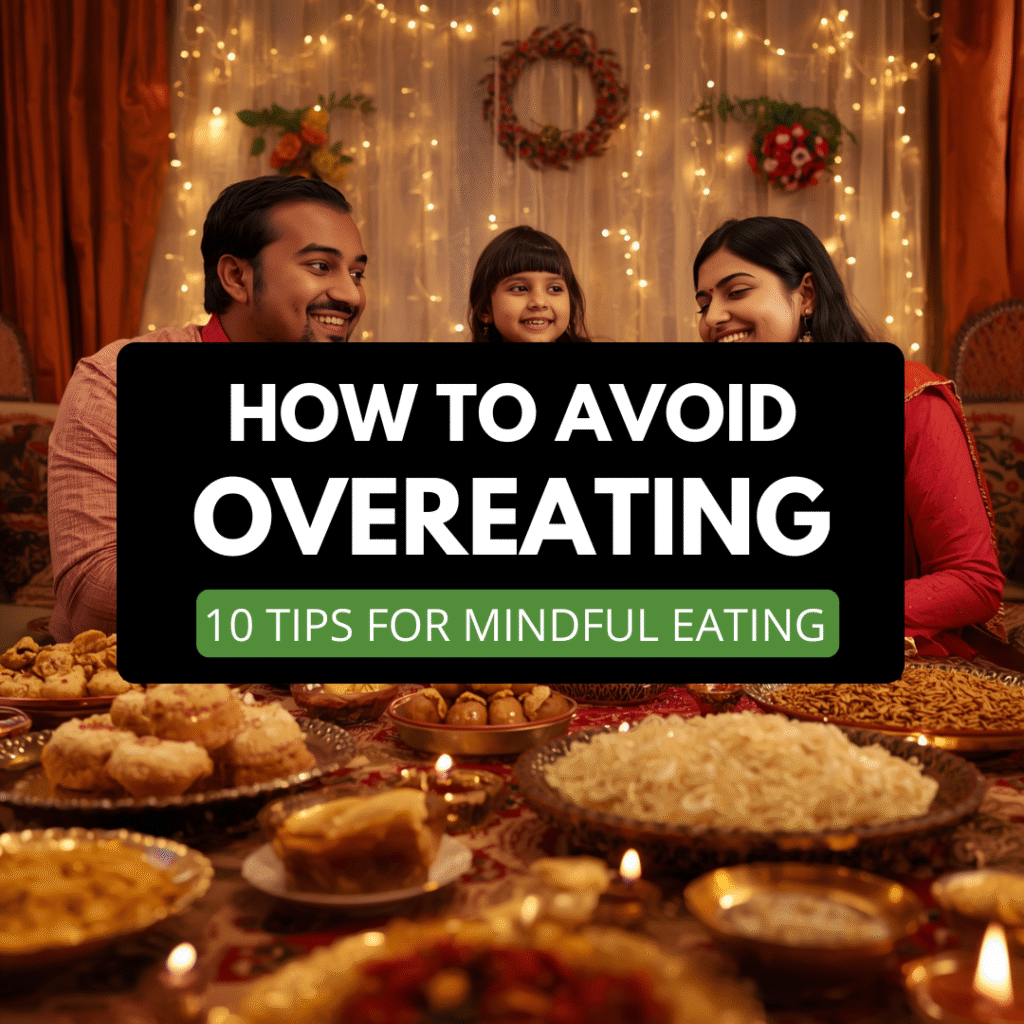 A happy family enjoying a festive meal together, surrounded by a variety of traditional Indian dishes and sweets, symbolizing mindful eating and portion awareness during celebrations.
