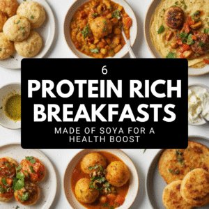 A flat-lay image of six South Indian breakfast dishes made with soya, including soya idlis, soya medu vadas, soya uttapam, soya upma, soya paniyaram, and a bowl of vegetable sambar. The food is served in white bowls and plates with chutneys on the side. A dark banner across the image displays the text: "6 PROTEIN-RICH BREAKFASTS – Made of Soya for a Health Boost."