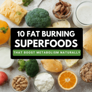 A flat-lay image of fat-burning superfoods on a light marble surface, including a raw salmon fillet with rosemary, halved avocado, a bowl of almonds, green olives, olive oil, garlic, cashews, and walnuts. A dark banner across the center reads: "10 FAT-BURNING SUPERFOODS – That Boost Metabolism Naturally."