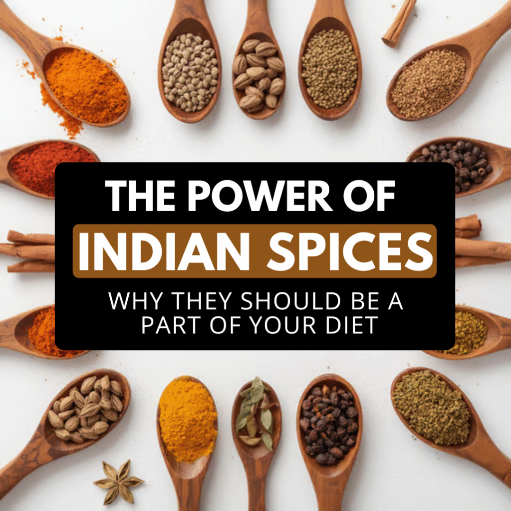 A flat-lay image of assorted Indian spices displayed in small wooden spoons arranged in a circular pattern on a white background. Spices include turmeric, cumin, coriander seeds, cardamom, mustard seeds, black pepper, cloves, bay leaves, and cinnamon. A dark banner across the center reads: "THE POWER OF INDIAN SPICES – Why They Should Be a Part of Your Diet."