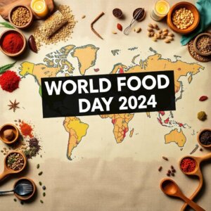 World map illustrated with colorful spices, grains, and herbs symbolizing global food diversity, with the text 'World Food Day 2024: Global Efforts to Achieve Food Security & Celebrate Food Heroes' overlaid on a dark semi-transparent banner.