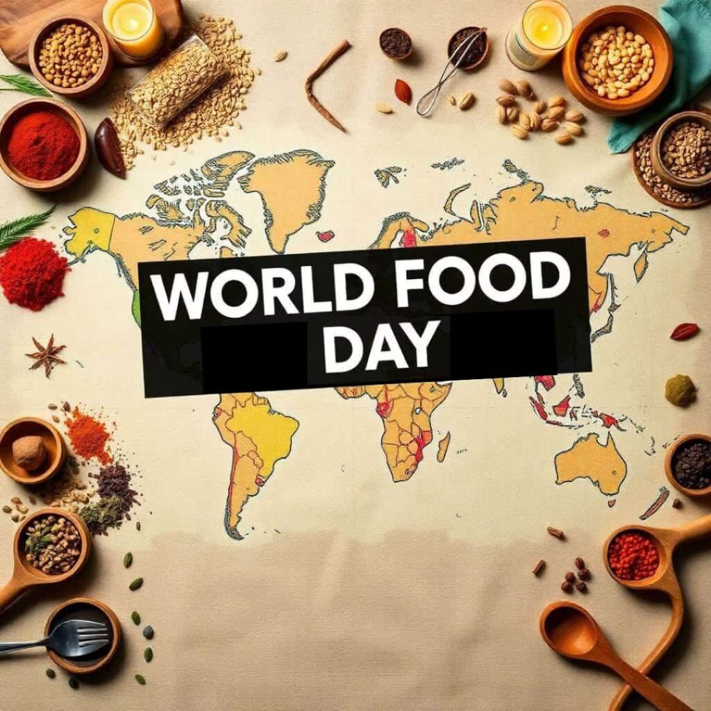 World Food Day banner with a world map surrounded by spices grains and legumes.