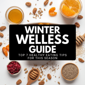 Assorted winter wellness foods like oranges, honey, nuts, chia seeds, and dried fruits arranged neatly on a white background, representing healthy eating tips for winter.