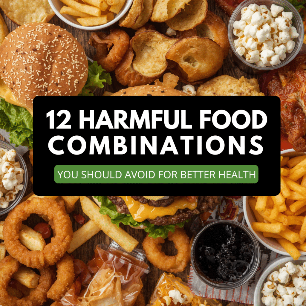 An assortment of unhealthy fast foods like burgers, fries, onion rings, chips, and soda, representing poor food combinations that can harm digestion and overall health.