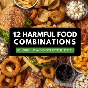 An assortment of unhealthy fast foods like burgers, fries, onion rings, chips, and soda, representing poor food combinations that can harm digestion and overall health.