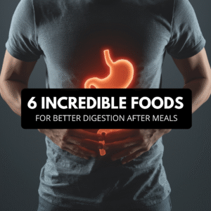 A person holding their stomach with a glowing digestive system illustration, symbolizing foods for better digestion.