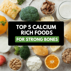 Healthy calcium-rich foods like broccoli, almonds, oranges, dairy products, and cheese arranged on a table promoting strong bones and overall bone health.