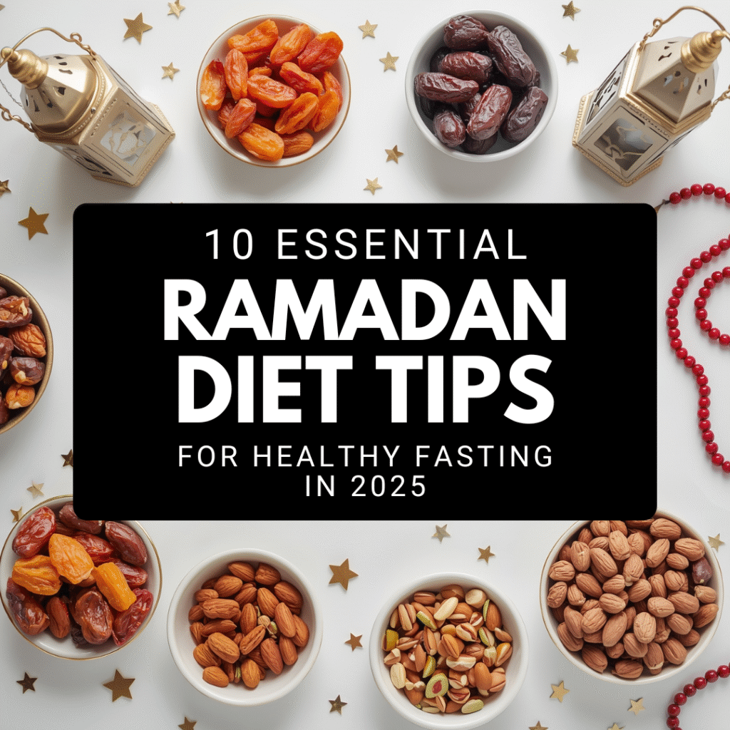 Bowls of dates, almonds, and mixed nuts arranged with Ramadan lanterns and golden star decorations on a white background, symbolizing healthy eating during Ramadan fasting.