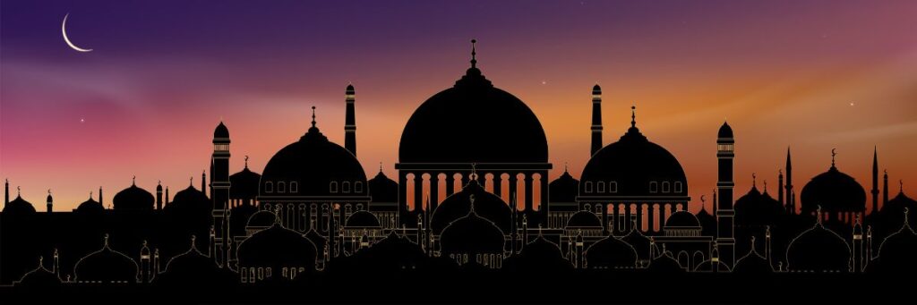 sunset mosque silhouette with crescent moon representing ramadan diet theme