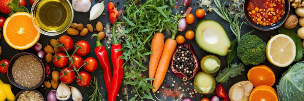 A colorful banner of assorted iron rich foods including vegetables fruits nuts and seeds on a dark background