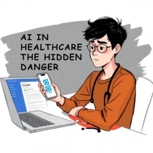 A person sitting at a desk, looking uncertain while holding a phone displaying the ChatGPT logo in one hand and a medicine bottle in the other. A laptop with the ChatGPT interface is open on the desk, next to a stethoscope, symbolizing the contrast between AI advice and traditional healthcare. Text overlay reads: "SHOULD YOU TRUST AI FOR HEALTH ADVICE? How to Use ChatGPT Responsibly Without Risking Your Wellbeing.