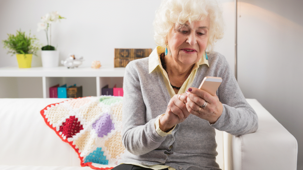 a woman holding a phone