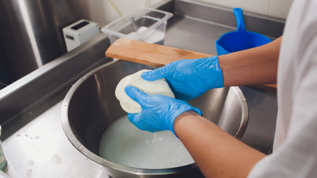 Cheese-making process showing curdling of milk using acid or enzymes