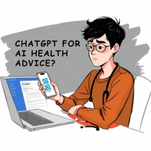 A person sitting at a desk, looking uncertain while holding a phone displaying the ChatGPT logo in one hand and a medicine bottle in the other. A laptop with the ChatGPT interface is open on the desk, next to a stethoscope, symbolizing the contrast between AI advice and traditional healthcare. Text overlay reads: "SHOULD YOU TRUST AI FOR HEALTH ADVICE? How to Use ChatGPT Responsibly Without Risking Your Wellbeing.