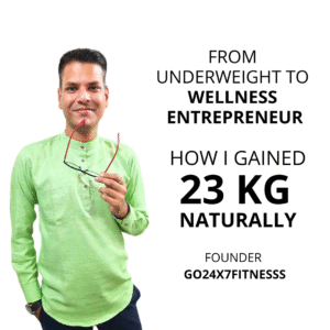 Dt. Anup Agharwal in a green kurta holding glasses, showcasing his transformation story from underweight to wellness entrepreneur after gaining 23 kg naturally.