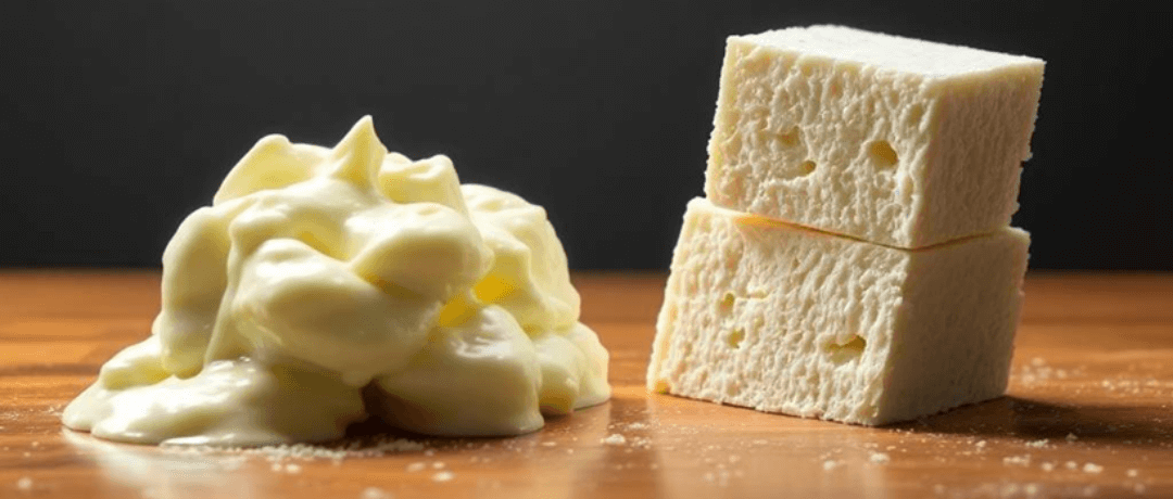 Side-by-side comparison of mozzarella and paneer placed on a wooden surface, with mozzarella shown as a soft, stretchy pile and paneer displayed as neatly stacked firm white cubes. Above each cheese, simplified cheese-making diagrams are labeled "MOZZARELLA" and "PANEER," respectively. Both diagrams include stages like pressing and cooling, highlighting the difference in texture due to processing. The background is dark and minimal, emphasizing the contrast between the two cheeses.