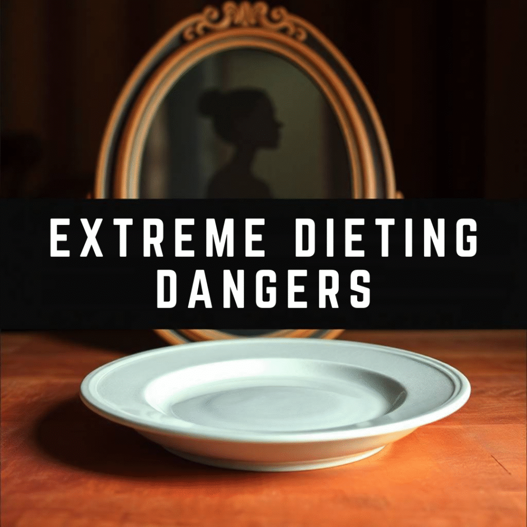 A symbolic image showing an empty plate in front of a mirror reflecting a woman’s silhouette, representing the physical and psychological dangers of extreme dieting and body image obsession.