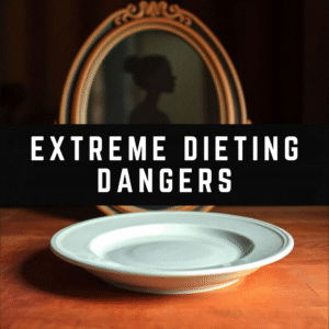 A symbolic image showing an empty plate in front of a mirror reflecting a woman’s silhouette, representing the physical and psychological dangers of extreme dieting and body image obsession.