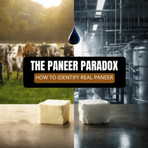 Split image showing real vs fake paneer—cows on one side, factory on other, titled "The Paneer Paradox: How to Identify Real Paneer"