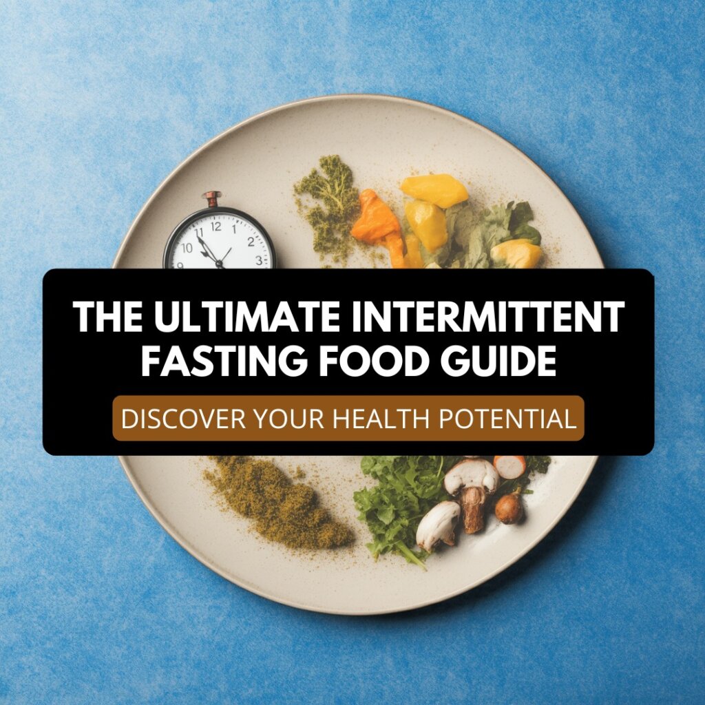 Healthy food plate with clock showing balanced eating for intermittent fasting.