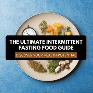 Healthy food plate with clock showing balanced eating for intermittent fasting.