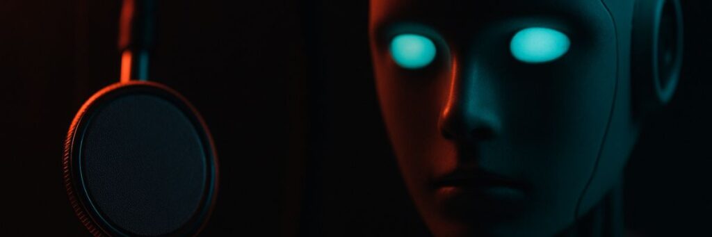 AI in healthcare danger concept with a glowing robot face and medical stethoscope in dark lighting