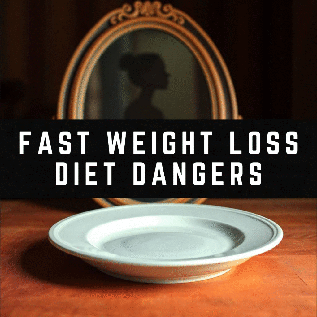 An empty plate symbolizing the dangers of a fast weight loss diet with a blurred mirror reflection in the background.