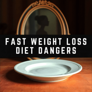 An empty plate symbolizing the dangers of a fast weight loss diet with a blurred mirror reflection in the background.