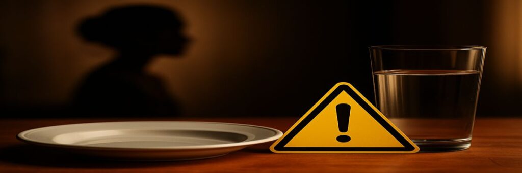 Empty plate water glass and warning sign symbolizing fast weight loss diet dangers