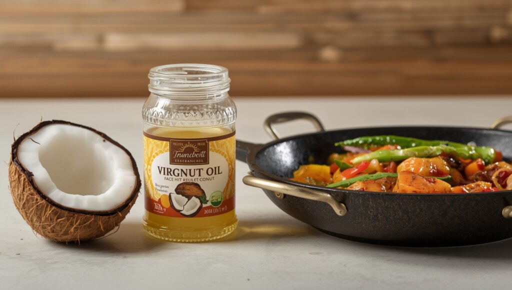An image showing a clear glass jar of cold-pressed virgin coconut oil placed beside raw coconut halves and a traditional Indian pan (kadhai) with sautéed vegetables. The setting is a clean, well-lit kitchen with a wooden or stone background.