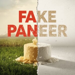 A split image showing real and fake paneer with the text “Fake Paneer,” highlighting the difference between natural dairy paneer and artificial paneer substitutes.