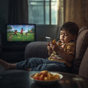 A young boy sitting on a couch engrossed in a smartphone while eating chips, with a TV playing cartoons in the background — symbolizing rising screen time and unhealthy eating habits among children.