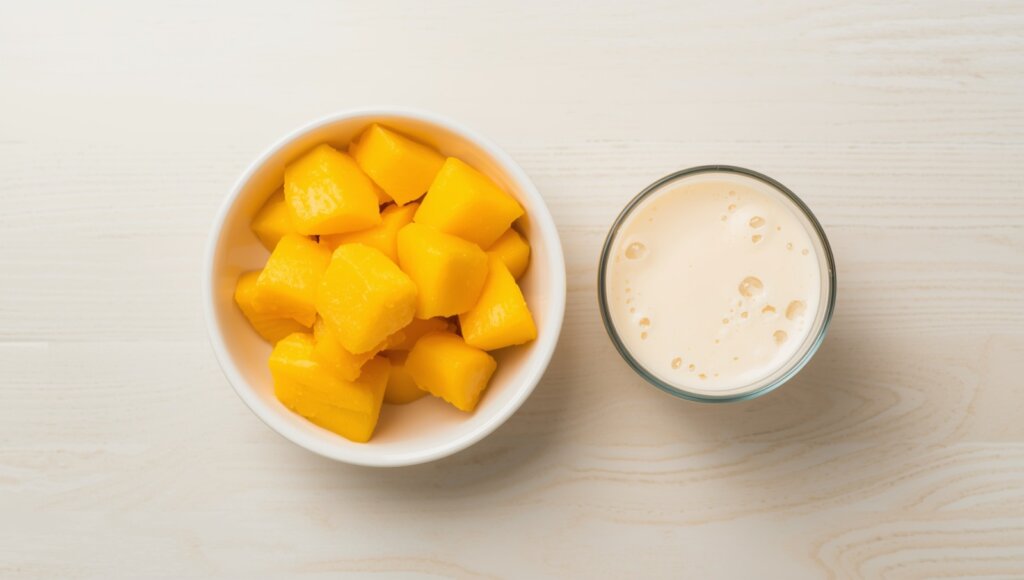 A image featuring a fresh and vibrant flat-lay setup of a bowl of ripe mango cubes next to a glass of creamy milk or a mango milkshake on a clean, light-colored wooden table.