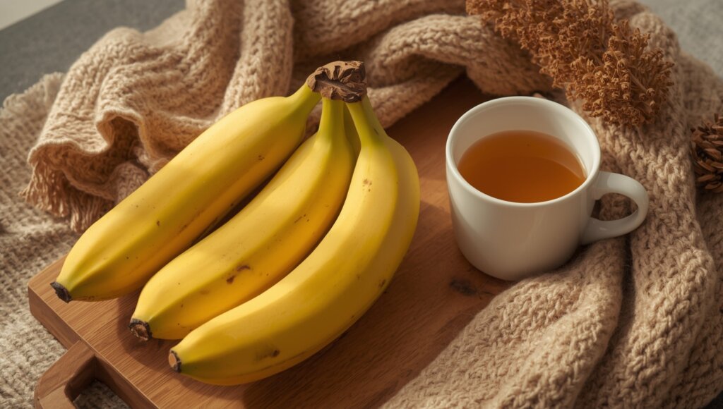 A image showcasing a clean, fresh composition of ripe yellow bananas on a wooden tray, placed beside a cozy woollen blanket or a cup of herbal tea to represent winter. The setup subtly contrasts the "cold-weather" myth with the presence of bananas in a warm, homey environment.