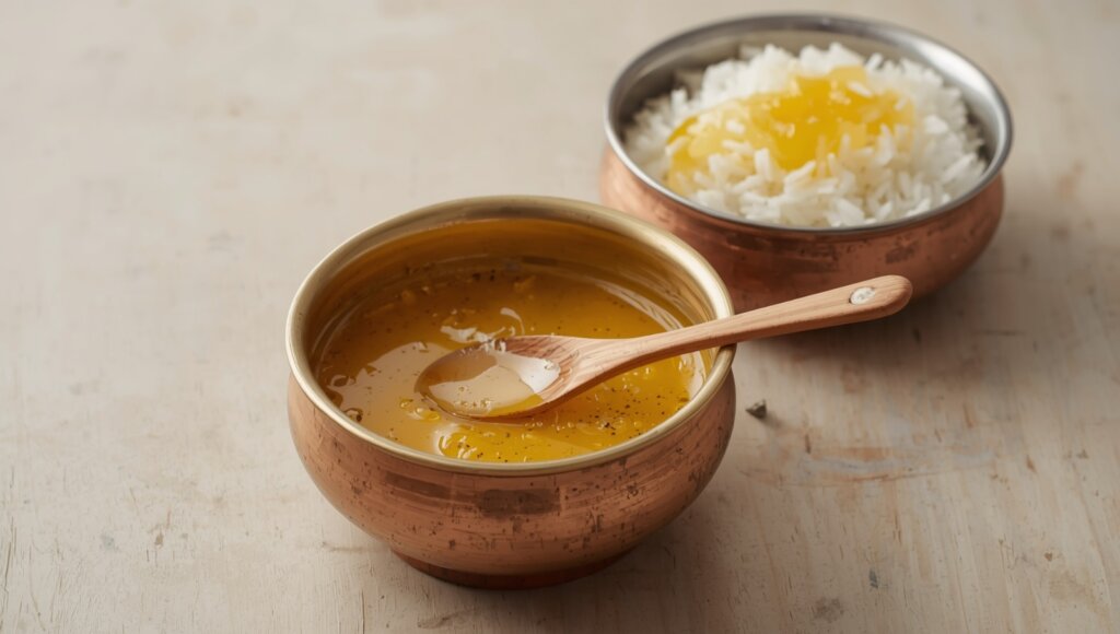 A image showing a traditional Indian copper or brass bowl filled with golden, melted ghee. A wooden spoon rests on the side, and in the background, there's a small bowl of cooked dal or steaming rice with a drizzle of ghee on top. The surface is a neutral wooden or marble tabletop.