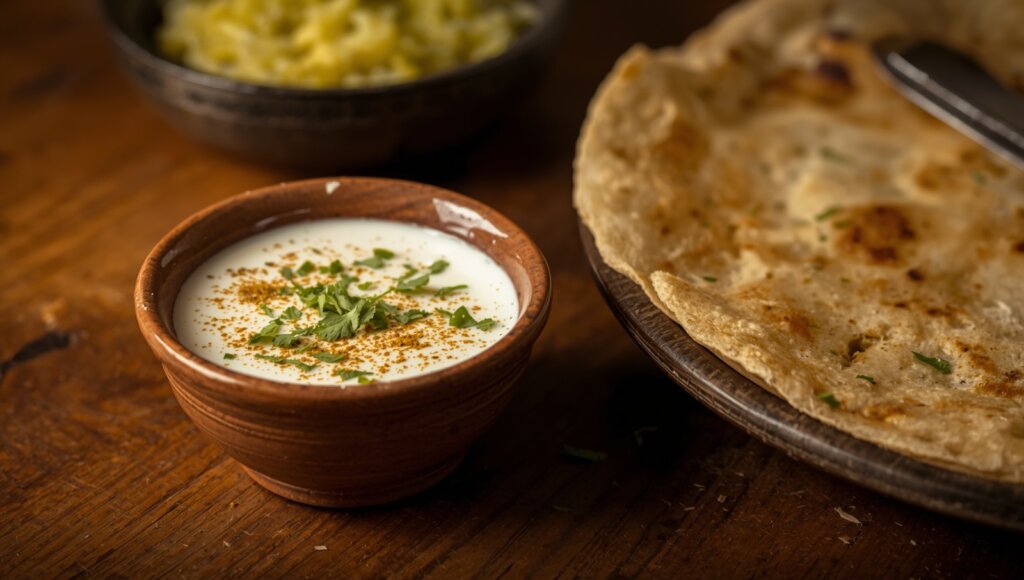 A image featuring a small ceramic bowl of fresh curd garnished with cumin powder and coriander, placed beside a plate of paratha or rice on a wooden dinner table.