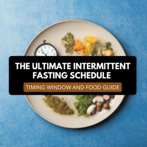 Intermittent fasting schedule with healthy foods and timing window shown on a plate